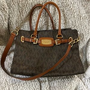 Authentic Michael Kors Dark Brown Logo Purse W/Caramel Leather Accents & Straps